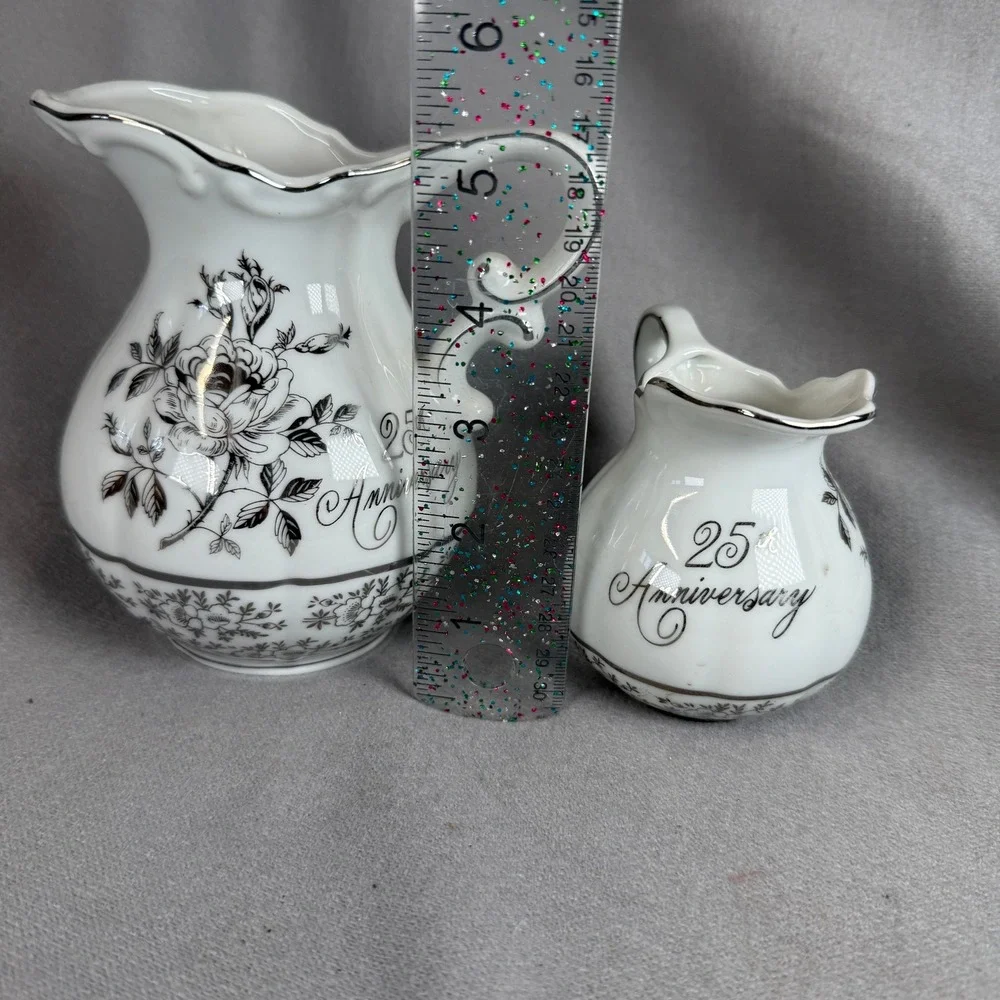 Napco 25th Anniversary Pitcher Set Unisex Small White Silver Vintage Rose AB-185